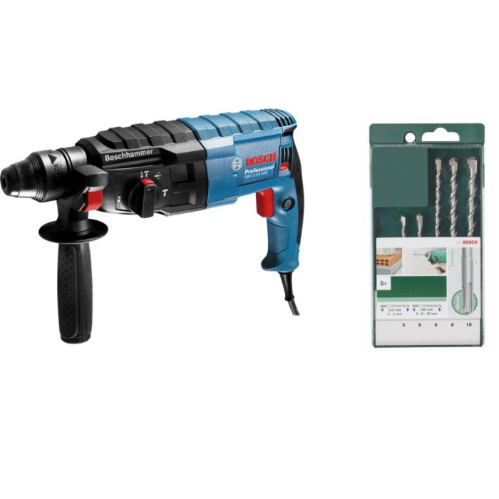 Перфоратор Bosch GBH 240, Набір бурів по бетону Bosch 5-10 мм, 5 шт, мастило для бурів (A0611272100+2609255541)