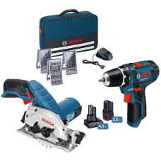 Акумуляторний шуруповерт Bosch Professional GSR 12V-15, Набір біт та свердлів 39 шт. Акумуляторна дискова пилка Bosch GKS 12V-26, Сумка (06019F6001+06016A1001)