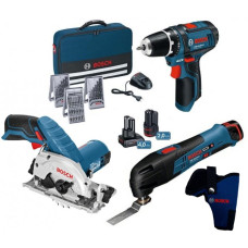 Акумуляторний шуруповерт Bosch GSR 12V-15, Набір аксесуарів 39 шт. Акумуляторна дискова пилка Bosch GKS 12V-26, Акумуляторний універсальний різак Bosch GOP 10,8 V-LI, Пиляльне полотно AIZ 20 A (0601868101+06016A1001+060185800)