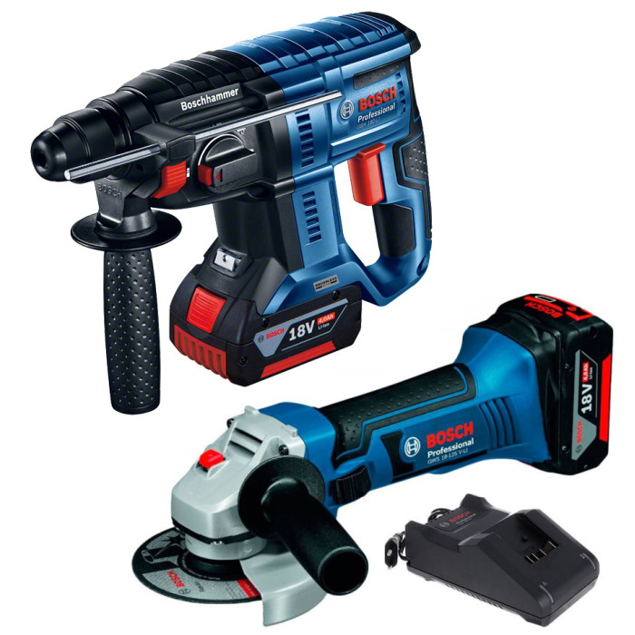 Перфоратор акумуляторний Bosch Professional GBH 180-LI, Акумуляторна кутова шліфувальна машина Bosch GWS 18-125 V-LI, АКБ GBA 4.0 A*год - 2 шт, ЗУ GAL(0615990L6J+0615990L6G)