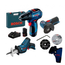 Акумуляторний безщітковий дриль-шуруповерт Bosch Professional GSR 12V-30, Сабельна пилка Bosch GSA 10.8 V-Li, Кутова шліфувальна машина Bosch Professional GWS 12V-76 (06019G9000+060164L902+06019F2000)