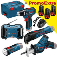 Набір із 5 акумуляторних інструментів Bosch 10.8 V Li-ion шуруповерт GSR 10,8 V, мультирізак GOP 10.8 V, ліхтарик GLI 10.8 V, шабельна пила GSA 10.8 V та радіо GML 10.8 V (0615990GF0)