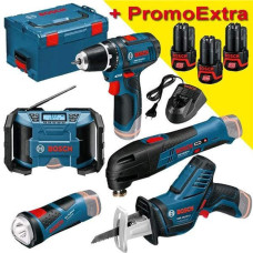 Набір із 5 акумуляторних інструментів Bosch 10.8 V Li-ion шуруповерт GSR 10,8 V, мультирізак GOP 10.8 V, ліхтарик GLI 10.8 V, шабельна пила GSA 10.8 V та радіо GML 10.8 V (0615990GF0)