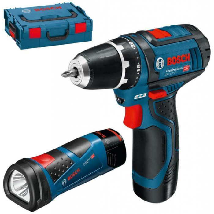 Акумуляторний шуруповерт Bosch GSR 12V-15, ліхтарик GLI 12V-80, кобура для шуруповерта (0615990FZ9)